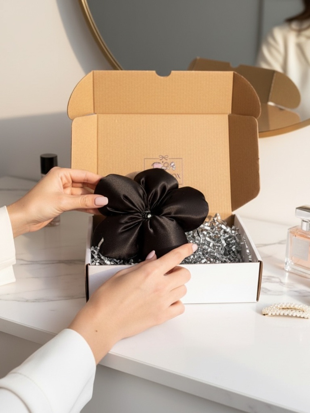 Black Satin Flower Hair Scrunchie